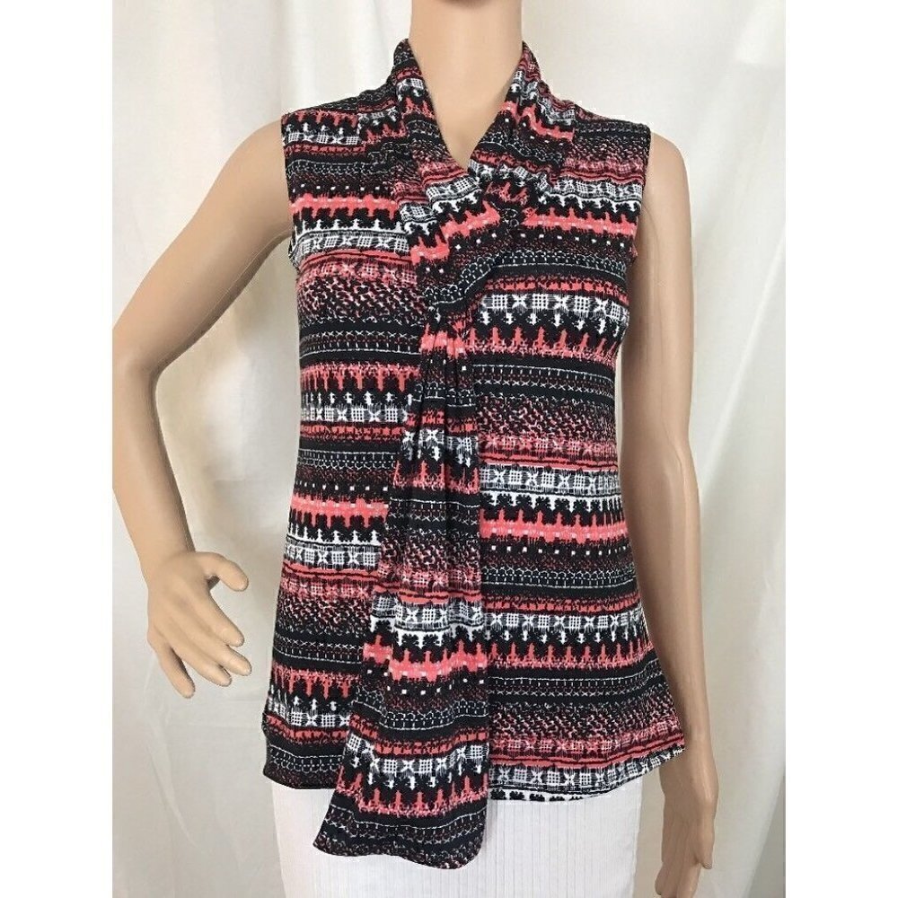 J.M. Fleurette Blouse Size S Multi-color Print Sleeveless V-Neck Tie at the Neck